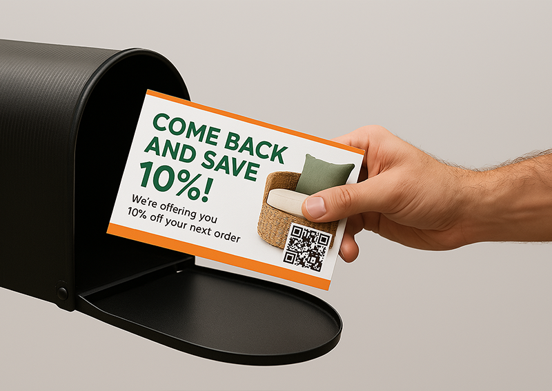 Hand inserting a promotional postcard into a mailbox