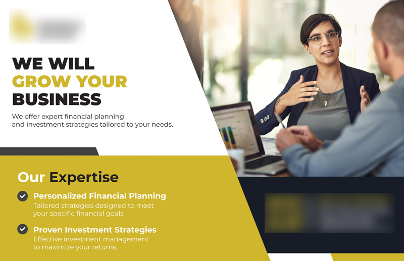 Historical direct-mail campaign artwork: Financial Advisors Acquire $2.1M AUM With Business Growth Postcard Campaign