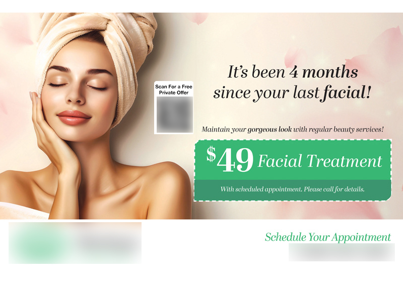 Historical direct-mail campaign artwork: MedSpa Rebooks 96 Past Clients with $49 Facial Reactivation Postcard