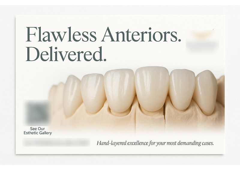 Historical direct-mail campaign artwork: Esthetic Dental Lab Generates $43K in Case Value Using Anterior-Only Direct Mail CampaignDental Lab Sees 35% Increase in Consultation Leads With Product-Focused Postcard