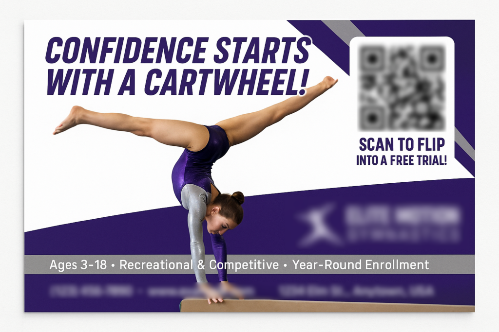 Historical direct-mail campaign artwork: Gymnastics Center Boosts Enrollment with Free Trial Postcard + AI Ads