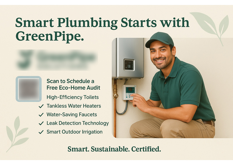 Historical direct-mail campaign artwork: $62K in Eco-Upgrades from “Smart Plumbing Starts with GreenPipe” Campaign