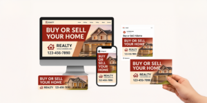 Coordinated digital ads and printed postcard promoting a real estate offer, powered by Web2Mail.