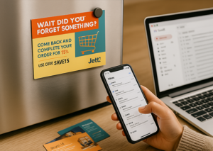 Cart recovery postcard with 15% off code displayed on a fridge next to email and phone.